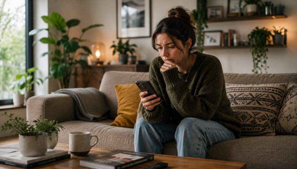 Woman looking at phone with a slightly confused look on her face